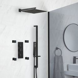 Douchesysteem Thermostatisch Zwart met 3-Weg Douchekraan met Omstel, 30cm Vierkante Douchekop, Handdouche met Glijstang en 4 Zijdouches | Preto