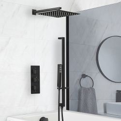 Douche en Bad Systeem Thermostatisch Zwart met 3-Weg Douchekraan met Omstel, 30cm Vierkante Douchekop, Handdouche met Glijstang en Overloop-Badvuller | Preto