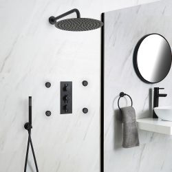 Doucheset - 3-Weg Thermostatische Douchekraan met Omstel, Ronde Douchekop, Handdouche, en Zijdouches Zwart | Nox