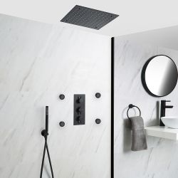 Doucheset - 3-Weg Thermostatische Douchekraan met Omstel, Plafond Douchekop, Handdouche en Zijdouches Zwart | Nox
