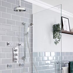 Doucheset Klassiek Chromen en Wit - 3-Weg Thermostatische Inbouw Douchekraan met Omstel, Douchekop met Plafondarm, Zijdouches en Glijstangset met Handdouche | Elizabeth
