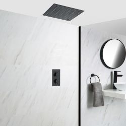 1-weg Thermostatische Inbouwdouchekraan + Verzonken Plafond Douchekop 40x40cm RVS Mat Zwart - Nox