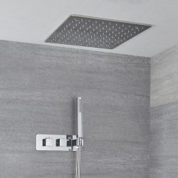 Doucheset - Douchekraan Thermostatisch Inbouw 2-Weg met Omstel met Verzonken 40x40cm Plafond Douchekop en Handdouche Chroom | Kubix