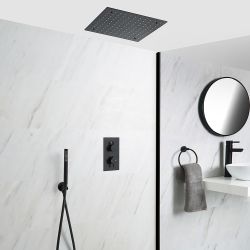 Doucheset - Douchekraan Thermostatisch Inbouw 2-Weg met Omstel met Verzonken 40x40cm Plafond Douchekop en Handdouche Mat Zwart | Nox