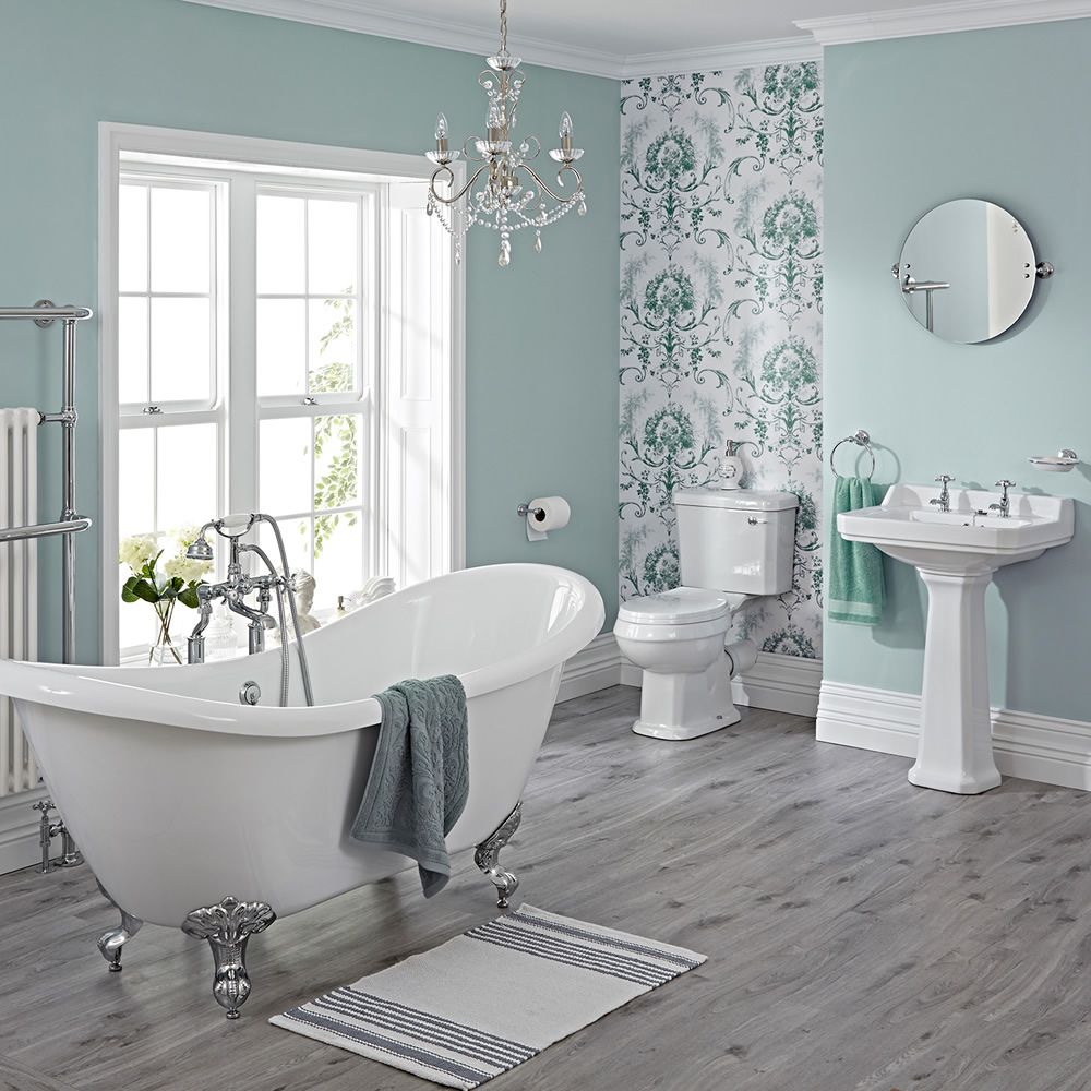Complete Badkamerset Klassiek incl. Vrijstaand Bad, Wastafel met Zuil en Duoblok Toilet Wit | Carlton