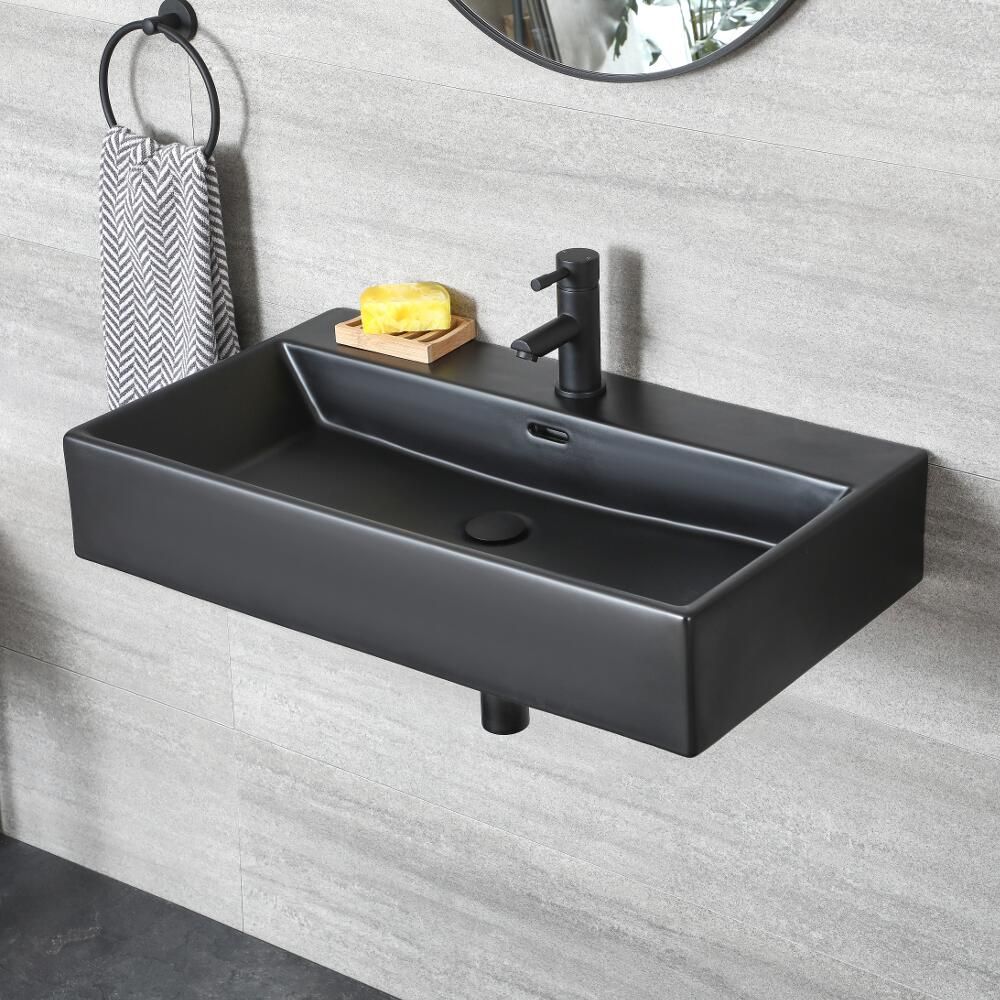 Hangende Wastafel Rechthoekig 75cm x 42cm (1 Kraangat) Zwart | Nox