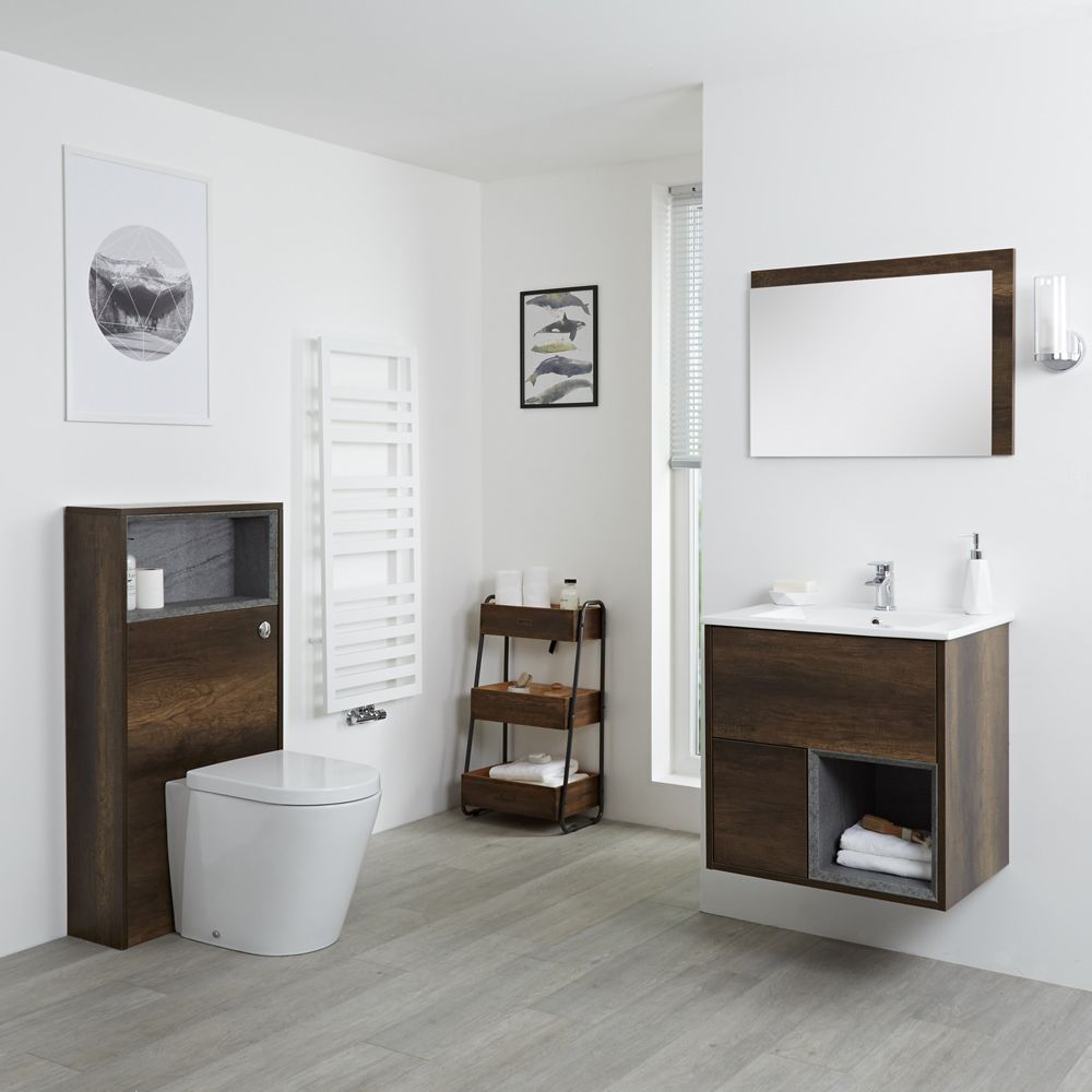 Badkamermeubel Set Hangend 60 cm Donker Eiken Incl Wastafelmeubel + Toilet + Stortbak + Ombouw - incl/excl. LED - Hoxton