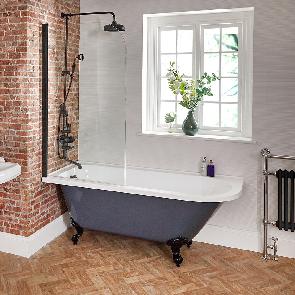 Vrijstaand Douchebad 168,5cm x 75cm Klassiek met Badwand Hoekinstallatie - Steengrijs | Linker en Rechter Uitvoeringen Verkrijgbaar en Keuze Badpoten | Elton
