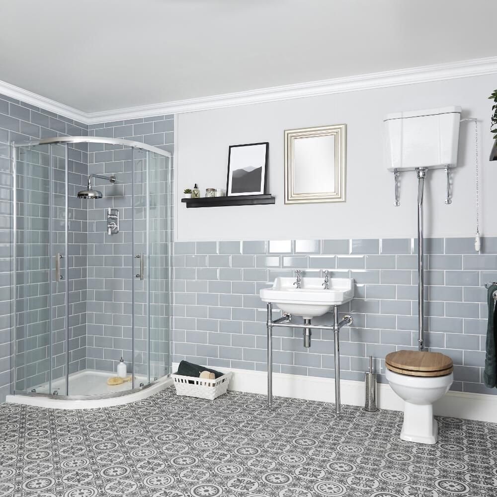 Badkamerset Klassiek - Douchecabine Kwadrant, Toilet met Hooghangend Reservoir en Wastafel 50cm (1 of 2 Kraangaten) met Frame | Richmond