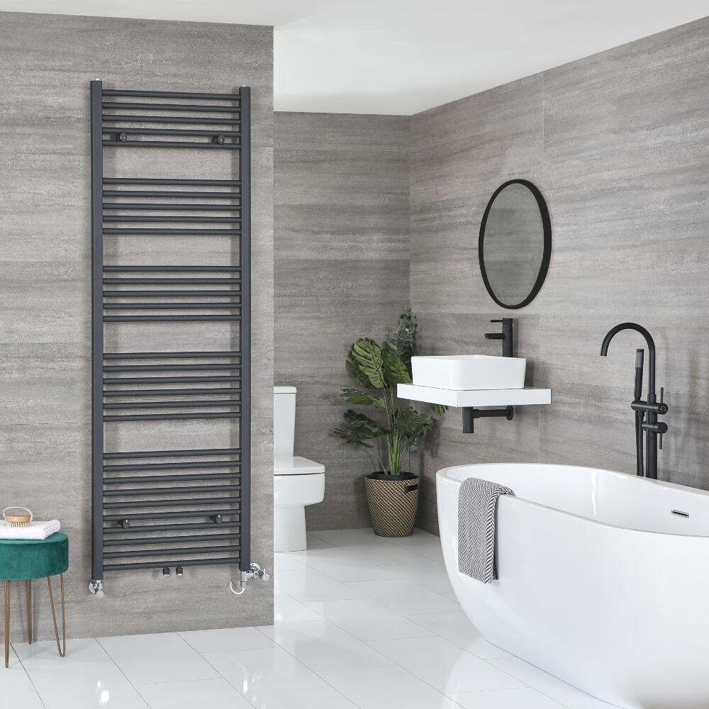 Handdoekradiator Dual Fuel / Hybride Antraciet Vlak - Incl. Verwarmingselement, T-Stuk en Radiatorkranen | Keuze Afmeting | Neva