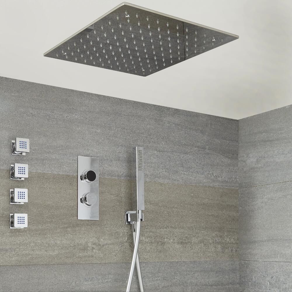 3-weg Digitale Thermostaatkraan + 50 x 50cm Verzonken PlafondDouchekop + Handdouchecombi & Zijdouches | Narus