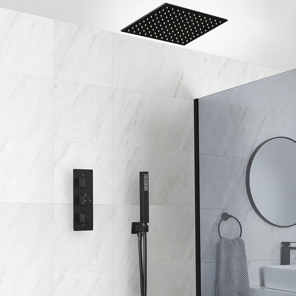 Douchesysteem Thermostatisch Zwart met 2-Weg Douchekraan, 40cm Vierkante Plafond Douchekop en Handdouche | Preto