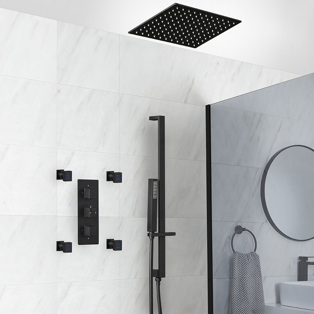 Douchesysteem Thermostatisch Zwart met 3-Weg Douchekraan met Omstel, 40cm Vierkante Plafond Douchekop, Handdouche met Glijstang en 4 Zijdouches | Preto