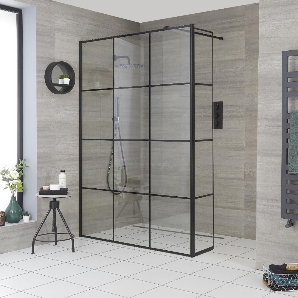 Vaste Douchewand 195cm Hoog met Stabilisatiestang - Zwart Geruit | Keuze Afmeting en Optie Zijwand | Barq