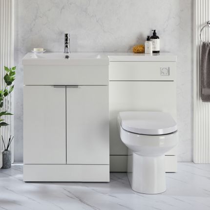Wastafelmeubel en WC-Ombouw Combinatie 110,5cm met Staand Toilet, Verborgen Reservoir en Wastafel | Keuze Afwerking en Meubelgrepen | Linker of Rechter Uitvoering | Cluo