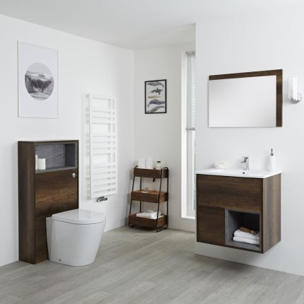Badkamermeubel Set Hangend 60 cm Donker Eiken Incl Wastafelmeubel + Toilet + Stortbak + Ombouw - incl/excl. LED - Hoxton