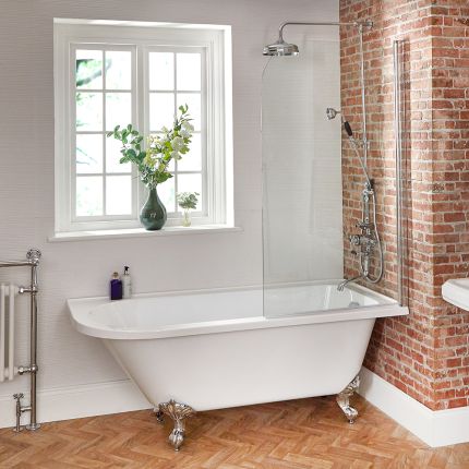 Vrijstaand Douchebad 168,5cm x 75cm Klassiek met Badwand Hoekinstallatie - Glanzend Wit | Linker en Rechter Uitvoeringen Verkrijgbaar en Keuze Badpoten | Oxford