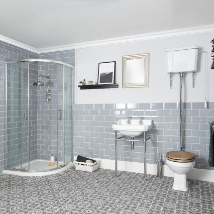 Badkamerset Klassiek - Douchecabine Kwadrant, Toilet met Hooghangend Reservoir en Wastafel 50cm (1 of 2 Kraangaten) met Frame | Richmond