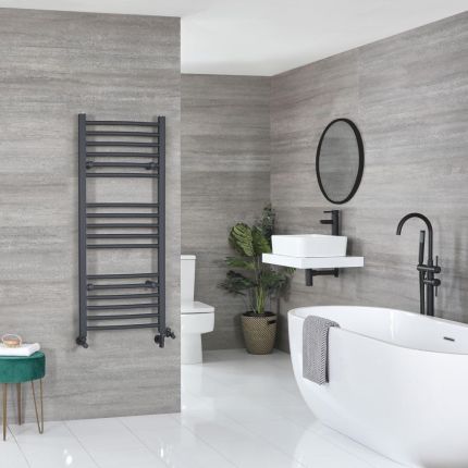 Handdoekradiator Dual Fuel / Hybride Antraciet Gebogen Ontwerp - Incl. Verwarmingselement, T-Stuk en Radiatorkranen | Keuze Afmeting | Artle