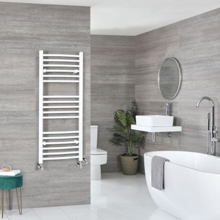 Handdoekradiator Dual Fuel / Hybride Wit Gebogen Ontwerp - Incl. Verwarmingselement, T-Stuk en Radiatorkranen | Keuze Afmeting | Ive