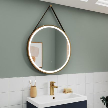 Spiegel Rond met Geborsteld Messing Lijst 60cm - Spiegelverwarming en LED Verlichting 21W