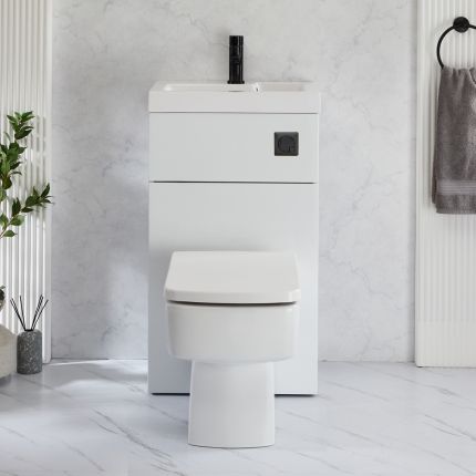 Exton Toilet en Fontein Combinatie Modern Incl. WC-ombouw en Verbogen Reservoir 50cm x 89cm | Keuze Afwerking Ombouw en Spoelknop | Cluo