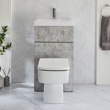 Exton Toilet Fontein Combinatie Modern, Incl. WC-ombouw en Verbogen Reservoir 50cm x  89cm - Betongrijs | Chromen Spoelknop | Cluo