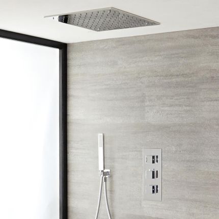 Doucheset - 2-Weg Thermostatische Douchekraan met Verzonken 40x40cm Plafond Douchekop en Handdouche Chroom | Kubix