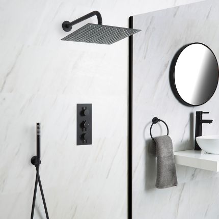 Doucheset - 2-Weg Thermostatische Douchekraan met Vierkante Douchekop en Handdouche Zwart | Nox
