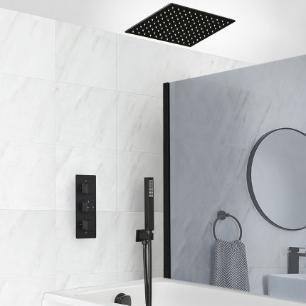 Douche en Bad Systeem Thermostatisch Zwart met 3-Weg Douchekraan met Omstel, 40cm Vierkante Plafond Douchekop, Handdouche en Overloop-Badvuller | Preto
