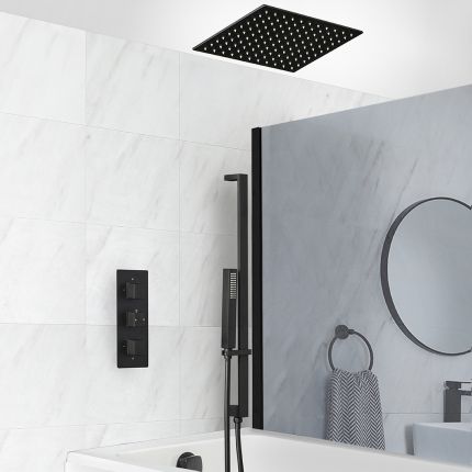 Douche en Bad Systeem Thermostatisch Zwart met 3-Weg Douchekraan met Omstel, 40cm Vierkante Plafond Douchekop, Handdouche met Glijstang en Overloop-Badvuller | Preto