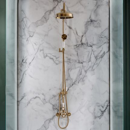 Hudson Reed Elizabeth - Doucheset - Douchekolom, Thermostatische 2-Weg Opbouw Douchekraan, Douchekop en Handdouche Klassiek - Satijn Goud