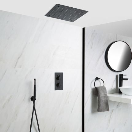 Doucheset - Douchekraan Thermostatisch Inbouw 2-Weg met Omstel met Verzonken 40x40cm Plafond Douchekop en Handdouche Mat Zwart | Nox