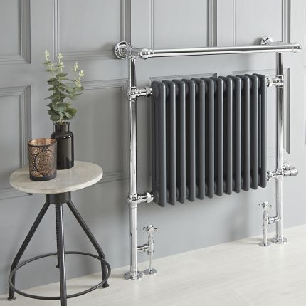 Handdoekradiator Dual Fuel / Hybride Klassiek Antraciet  met Overhangend Handdoekrek  79cm  x  93cm  Optionele Wifi Thermostaat en Kabelafdekking | Elizabeth