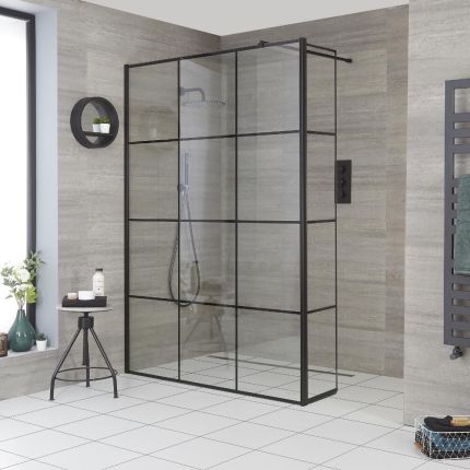 Vaste Douchewand 195cm Hoog met Stabilisatiestang - Zwart Geruit | Keuze Afmeting en Optie Zijwand | Barq