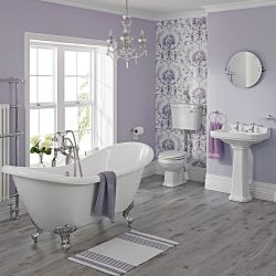 Complete Badkamerset Wit Klassiek incl. Vrijstaand Bad met Chromen Badpoten, Wastafel met Zuil en Halfhoog Toilet met WC-Bril | Carlton