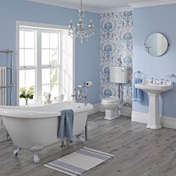 Complete Badkamerset Wit Klassiek incl. Vrijstaand Bad met Witte Badpoten, Wastafel met Zuil en Halfhoog Toilet met WC-Bril | Carlton