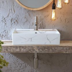 Opzetwastafel Rechthoekig 50cm x 35cm (1 Kraangat) - Wit Marmereffect | Sandford