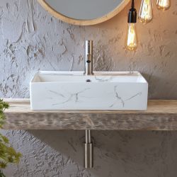Opzetwastafel Rechthoekig 50cm x 35cm (1 Kraangat) - Wit Marmereffect | Sandford