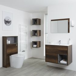 Badkamermeubel Set Hangend 80cm Donker Eiken Incl Wastafelmeubel + Toilet + Stortbak + Ombouw + Open Kast - Incl/excl LED - Hoxton