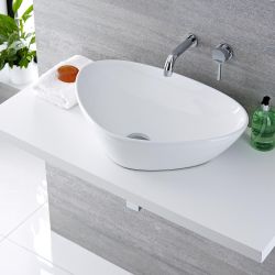 Opzetwastafel Ovaal 59cm x 39cm Wit met Muurgemonteerde Wastafelmengkraan Chromen | Select