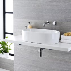Opzetwastafel Ovaal 57,5cm x 36cm Wit met Muurgemonteerde Wastafelmengkraan Chromen | Otterton