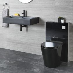 Hangende Wastafel Rechthoekig 75cm x 42cm en Staand Toilet met Stortbak en Ombouw Zwart | Nox