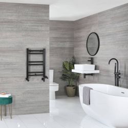 Handdoekradiator Dual Fuel / Hybride Matzwart Vlak - 60cm x 40cm - Incl. 200W Verwarmingselement, T-Stuk en Radiatorkranen | Nox