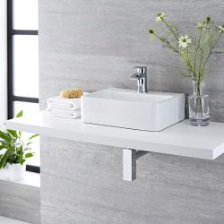 Opzetwastafel Rechthoekig 40cm x 29,5cm Wit met 1-Gats Wastafelmengkraan Chromen | Exton
