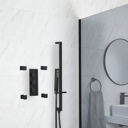 Douchesysteem Thermostatisch Zwart met 2-Weg Douchekraan, Handdouche met Glijstang en 4 Zijdouches | Preto