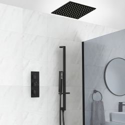 Douchesysteem Thermostatisch Zwart met 2-Weg Douchekraan, 40cm Vierkante Plafond Douchekop en Handdouche met Glijstang | Preto