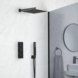 Douchesysteem Thermostatisch Zwart met 2-Weg Douchekraan, 30cm Vierkante Douchekop en Handdouche | Preto