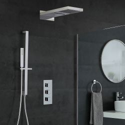 Doucheset - 3-Weg Thermostatische Douchekraan met Omstel, Douchekop met Watervaleffect, Handdouche met Glijstang Chroom | Kubix