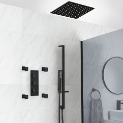 Douchesysteem Thermostatisch Zwart met 3-Weg Douchekraan met Omstel, 40cm Vierkante Plafond Douchekop, Handdouche met Glijstang en 4 Zijdouches | Preto